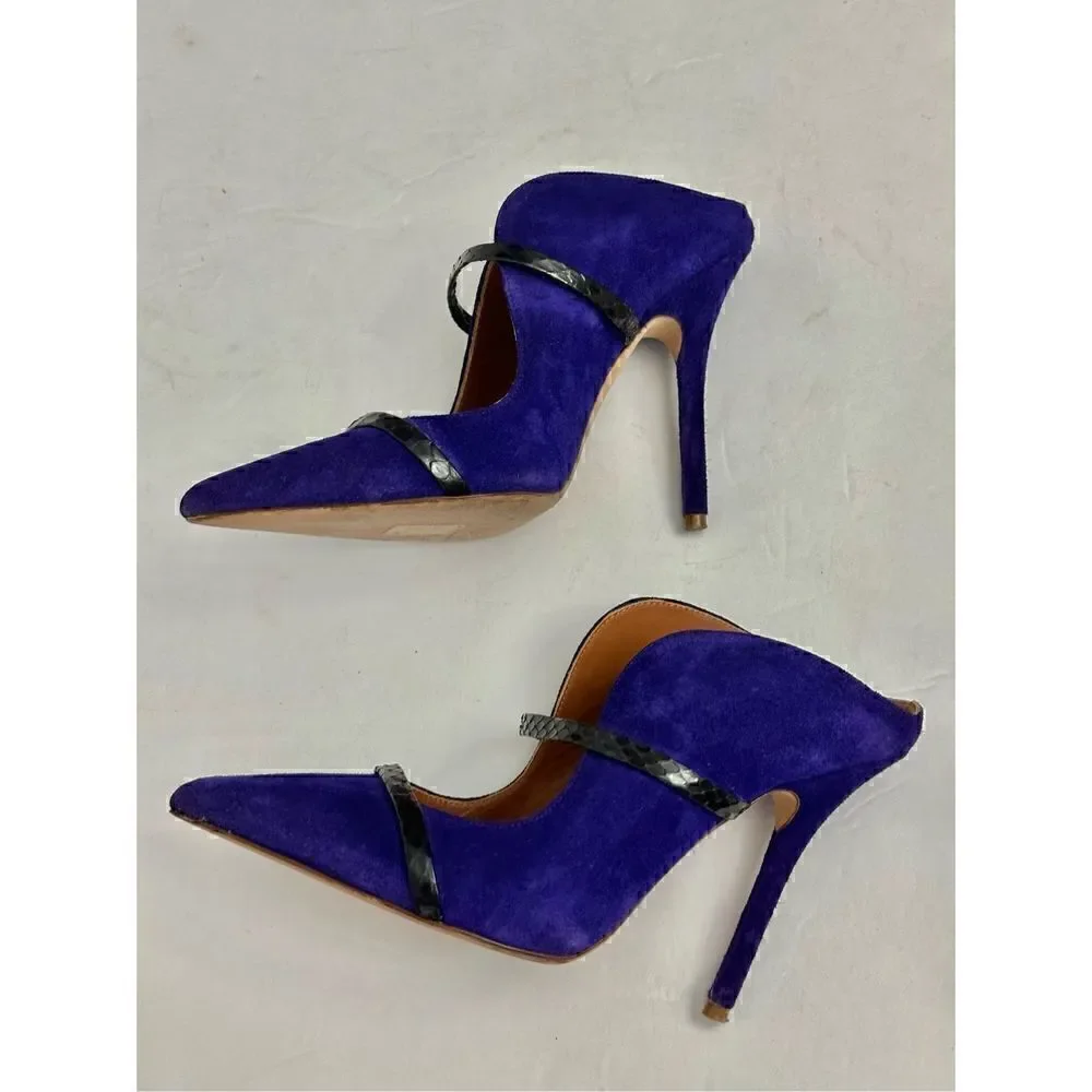 MALONE SOULIERS Maureen  Suede Black Leather Slide Pointed Toe Pump Heels